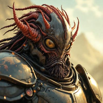 The primary subject of the image is a character with a unique and intricate design, featuring a mix of red and black colors. The character appears to be a warrior or a demon, with a distinctive headpiece and a menacing expression. The setting is a mountainous landscape, with a rocky terrain visible in the background. The visual style of the image is a combination of digital art and illustration, creating a striking and detailed representation of the character. The colors and mood of the image are intense and dramatic, reflecting the character's powerful and imposing presence.